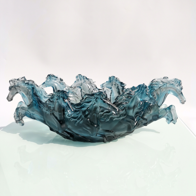 Homeware Life Handmade Blue Crystal Liuli Glass Bowl – Luxury Galloping Horse Design Art Centerpiece