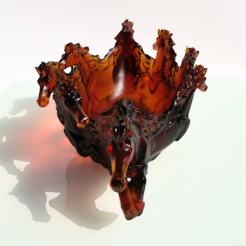 Homeware Life Handmade Brown Crystal Liuli Glass Bowl – Luxury Galloping Horse Design Art Centerpiece