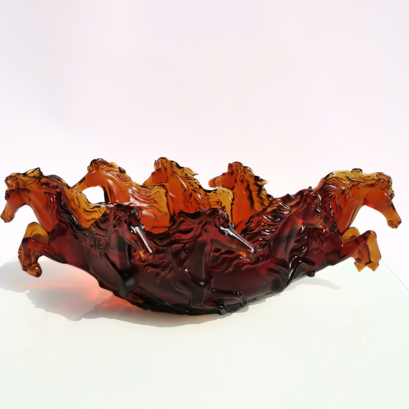 Homeware Life Handmade Brown Crystal Liuli Glass Bowl – Luxury Galloping Horse Design Art Centerpiece
