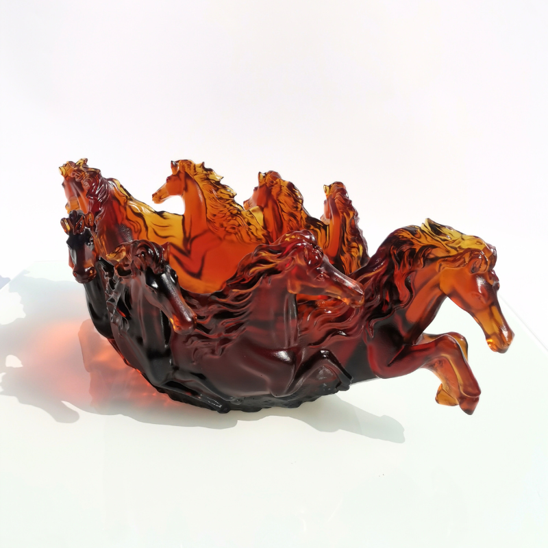 Homeware Life Handmade Brown Crystal Liuli Glass Bowl – Luxury Galloping Horse Design Art Centerpiece