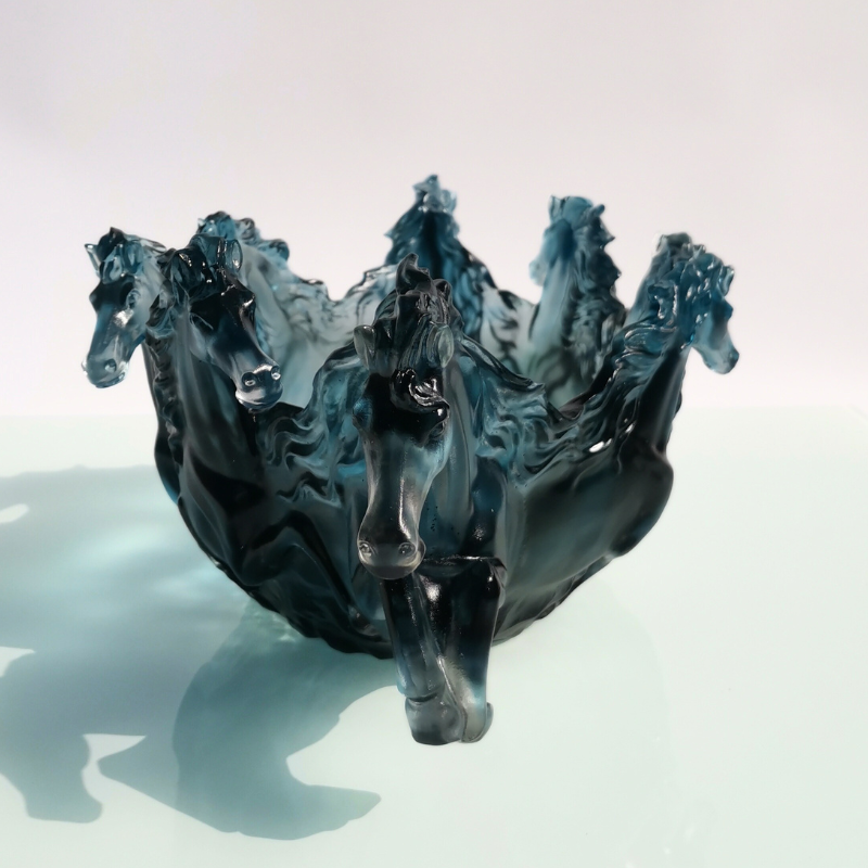 Homeware Life Handmade Blue Crystal Liuli Glass Bowl – Luxury Galloping Horse Design Art Centerpiece
