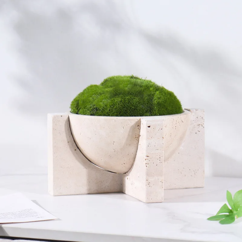 Homeware Life 2-Piece Beige Travertine Planter Set — Modern Geometric Wabi-Sabi Decorative Stone Pots (19×19×10 cm & 26×15×10 cm)