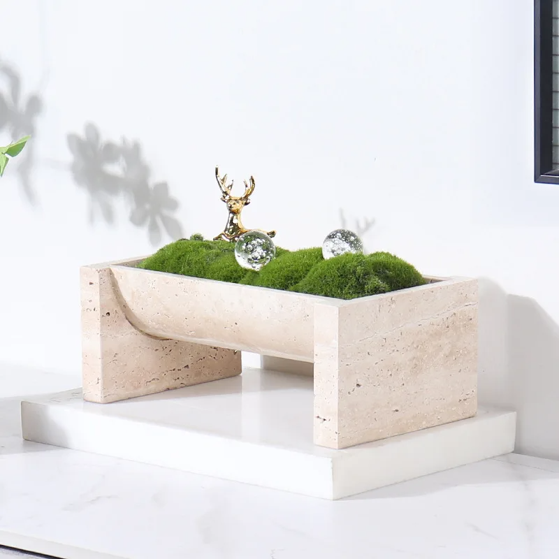 Homeware Life 2-Piece Beige Travertine Planter Set — Modern Geometric Wabi-Sabi Decorative Stone Pots (19×19×10 cm & 26×15×10 cm)