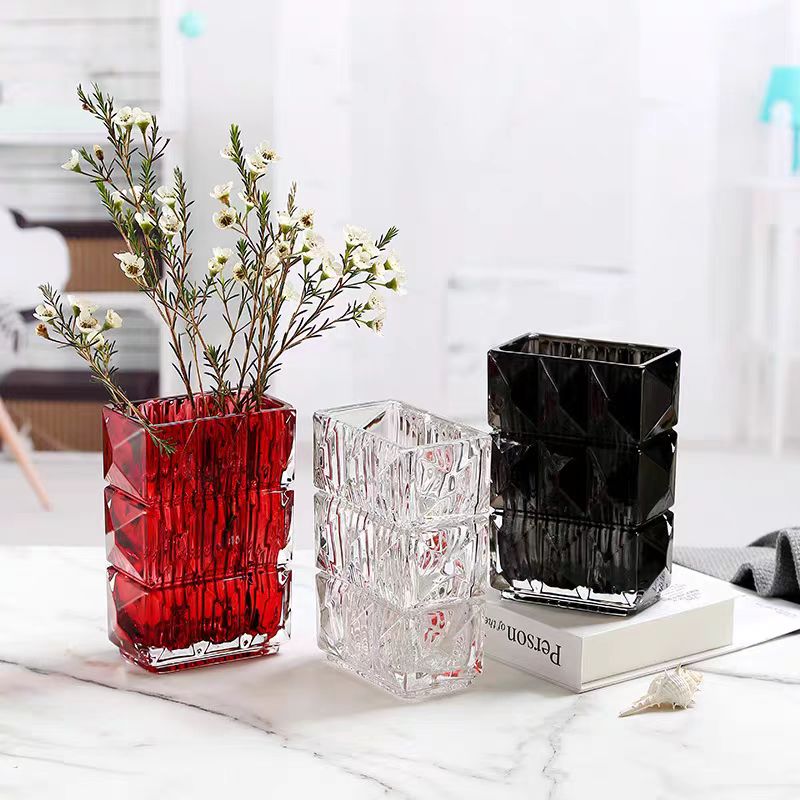 Homeware Life Louxor Rectangular Vase Set – Luxury Crystal Glass Vases in Clear, Red & Black | Modern Decorative Table Centerpieces