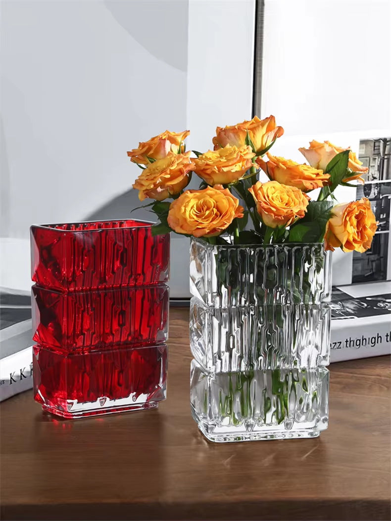 Homeware Life Louxor Rectangular Vase Set – Luxury Crystal Glass Vases in Clear, Red & Black | Modern Decorative Table Centerpieces