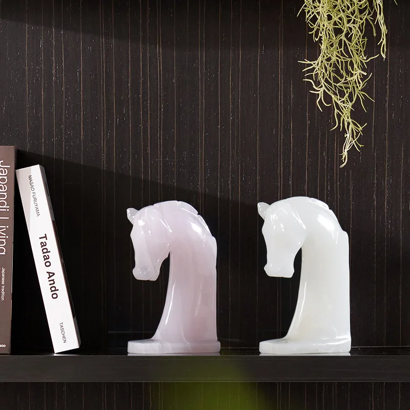 Homeware Life Set of 4 Onyx Horse Head Sculptures – White & Pink Natural Marble Decorative Statues 5×9×16 cm