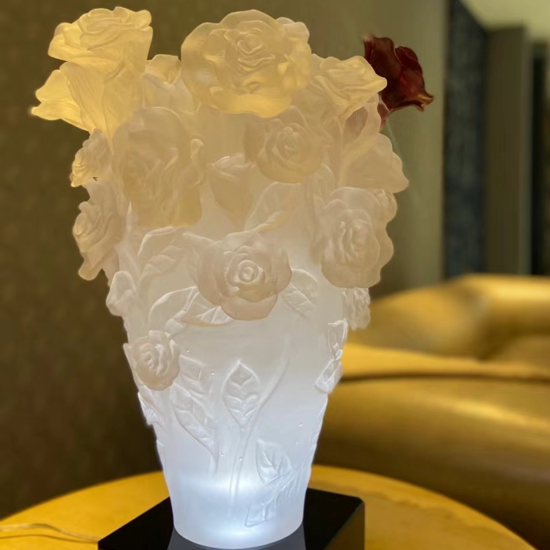 Homeware Life Handmade Crystal Flower-Theme Vase – White Carved Liuli / Crystal Art Glass Centerpiece