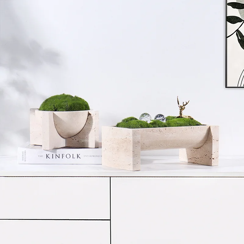 Homeware Life 2-Piece Beige Travertine Planter Set — Modern Geometric Wabi-Sabi Decorative Stone Pots (19×19×10 cm & 26×15×10 cm)