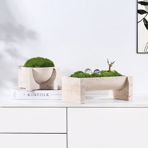 Homeware Life 2-Piece Beige Travertine Planter Set — Modern Geometric Wabi-Sabi Decorative Stone Pots (19×19×10 cm & 26×15×10 cm)