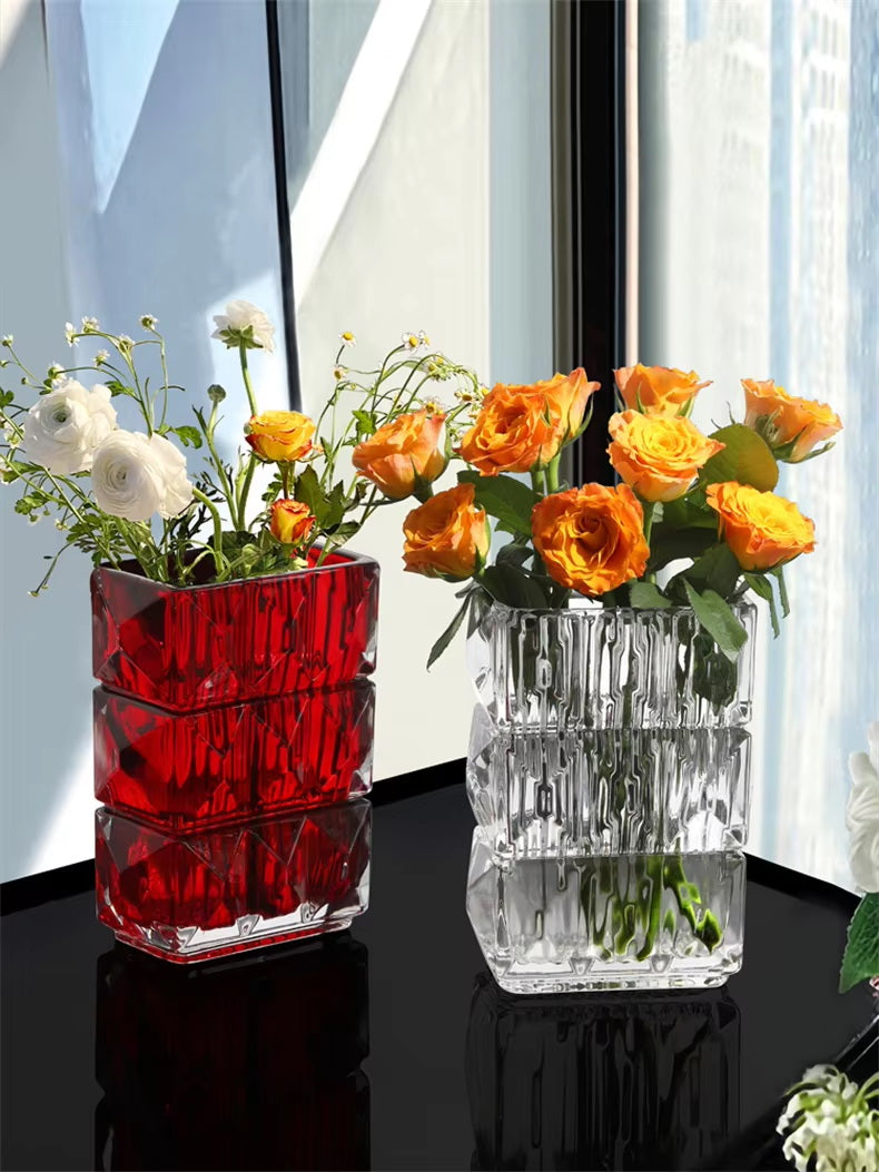 Homeware Life Louxor Rectangular Vase Set – Luxury Crystal Glass Vases in Clear, Red & Black | Modern Decorative Table Centerpieces