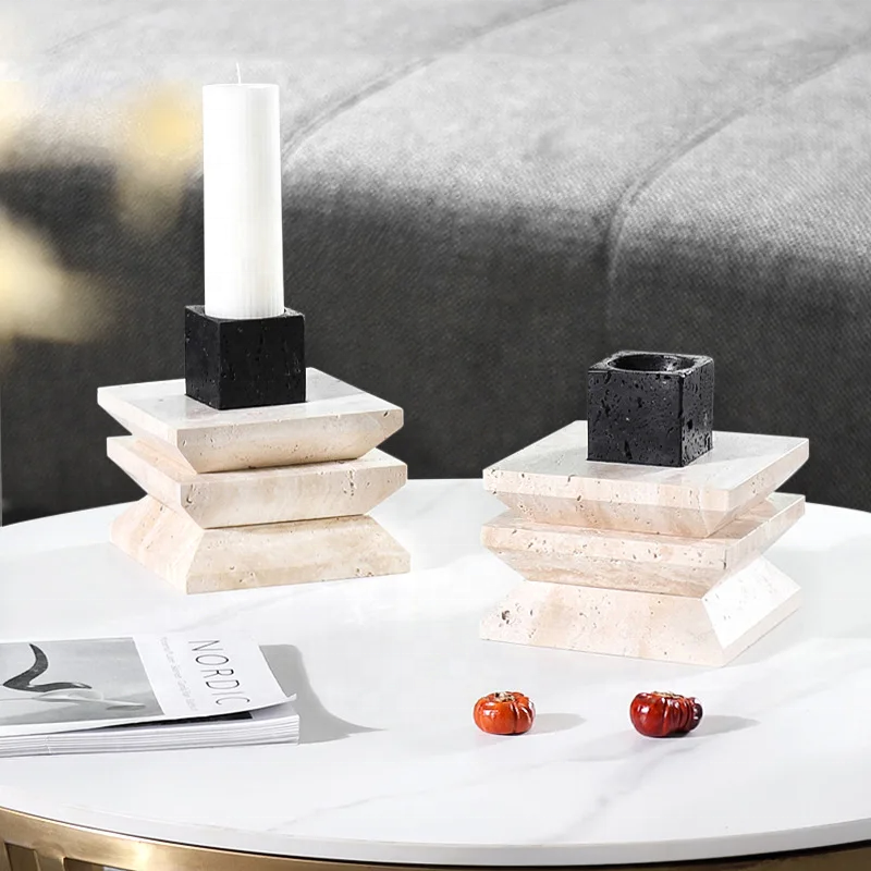 Homeware Life Set of 2 Travertine & Lava Stone Candle Holders – Natural Marble Candlestick Set for Elegant Table Centerpieces