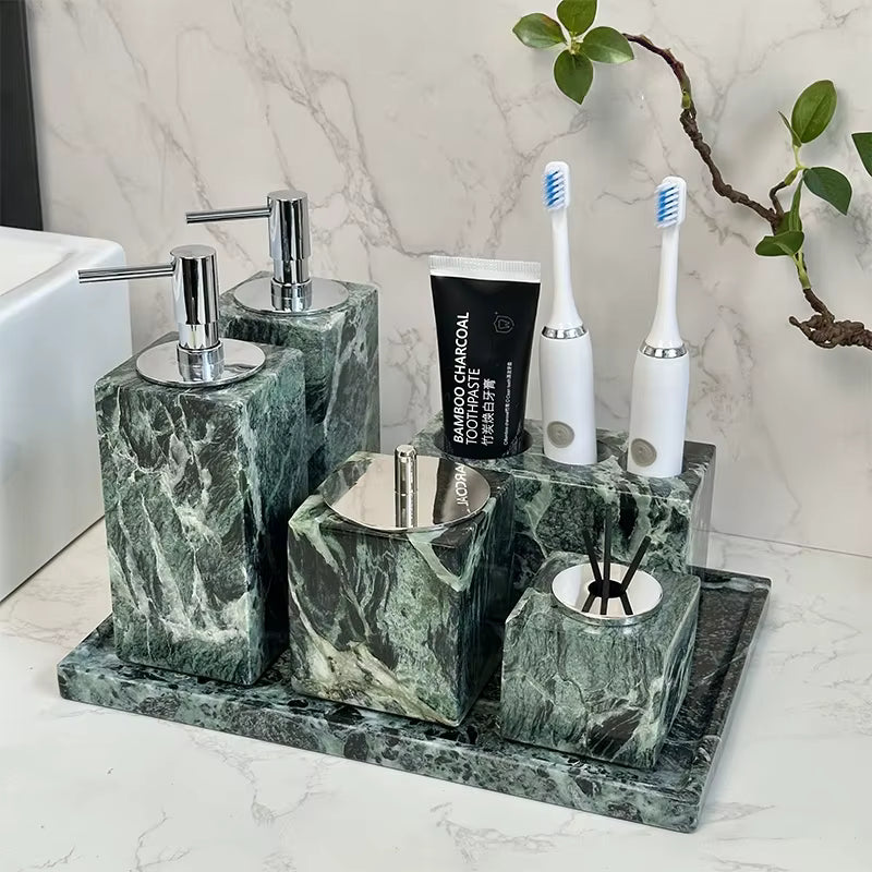 Homeware Life 8-Piece Verde Alpi Marble Bathroom Accessory Set – Luxury Natural Stone Vanity Collection in Wabi-Sabi Style