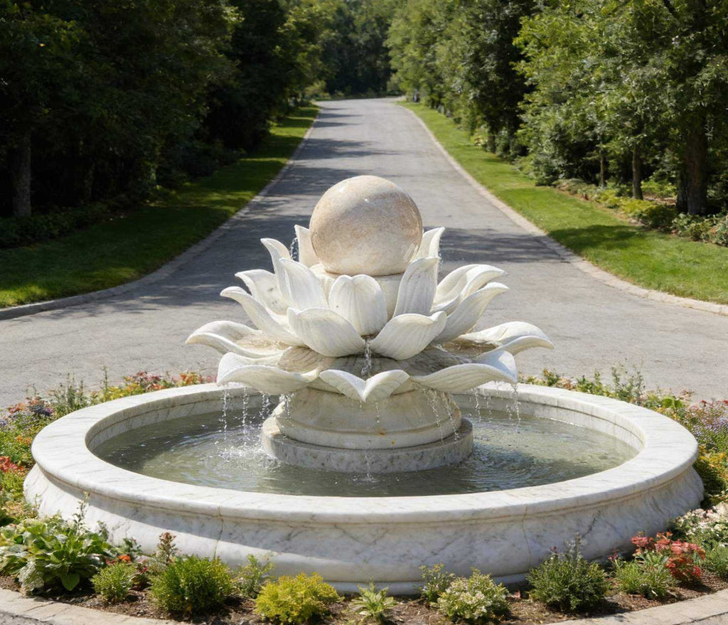 Luxury Hand-Carved Marble Lotus Fountain by Homeware Life – European Outdoor Garden Water Feature
