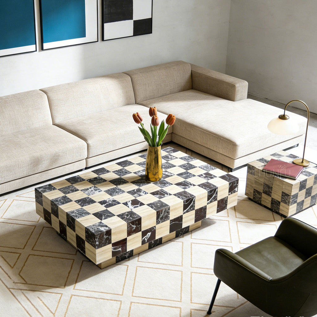 Luxury Checkerboard Marble Convertible Coffee Table – Extendable Designer Centre Table by Homeware Life