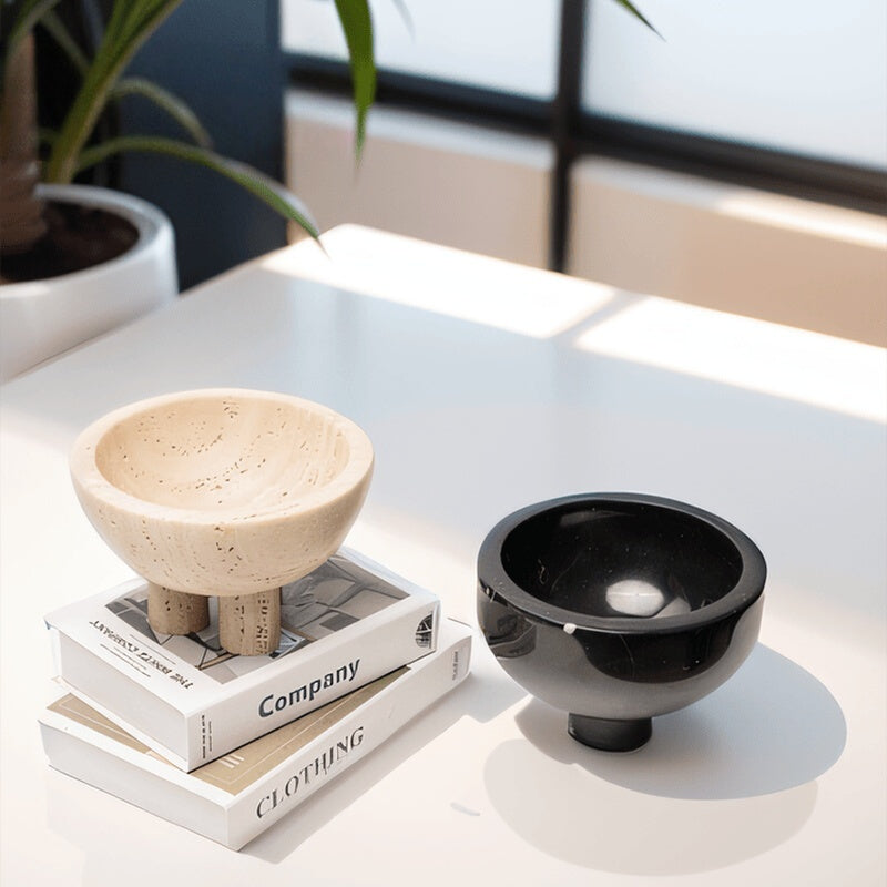 Homeware Life Set of 2 Marble Round Bowls – Beige Travertine & Black Nero Marquina Natural Stone Decorative Trays