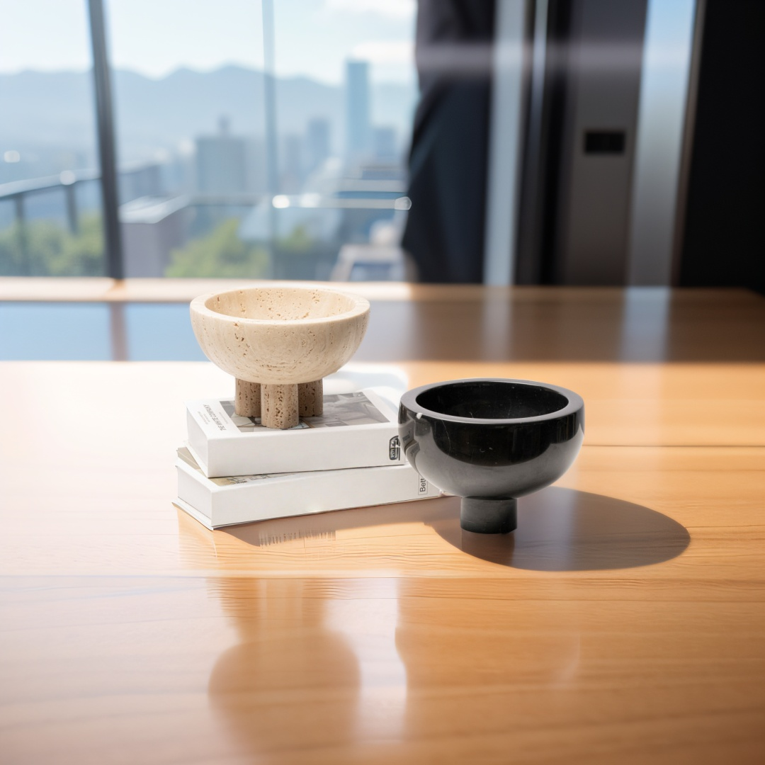 Homeware Life Set of 2 Marble Round Bowls – Beige Travertine & Black Nero Marquina Natural Stone Decorative Trays