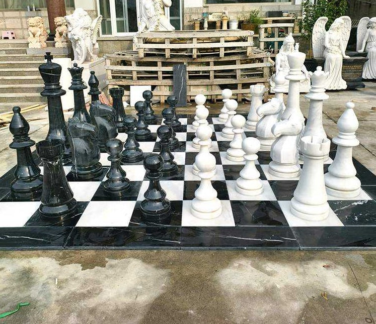 Large Luxury Hand-Carved Marble Chess Set Sculpture by Homeware Life – Outdoor European Style Statement Piece