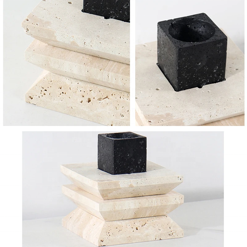Homeware Life Set of 2 Travertine & Lava Stone Candle Holders – Natural Marble Candlestick Set for Elegant Table Centerpieces