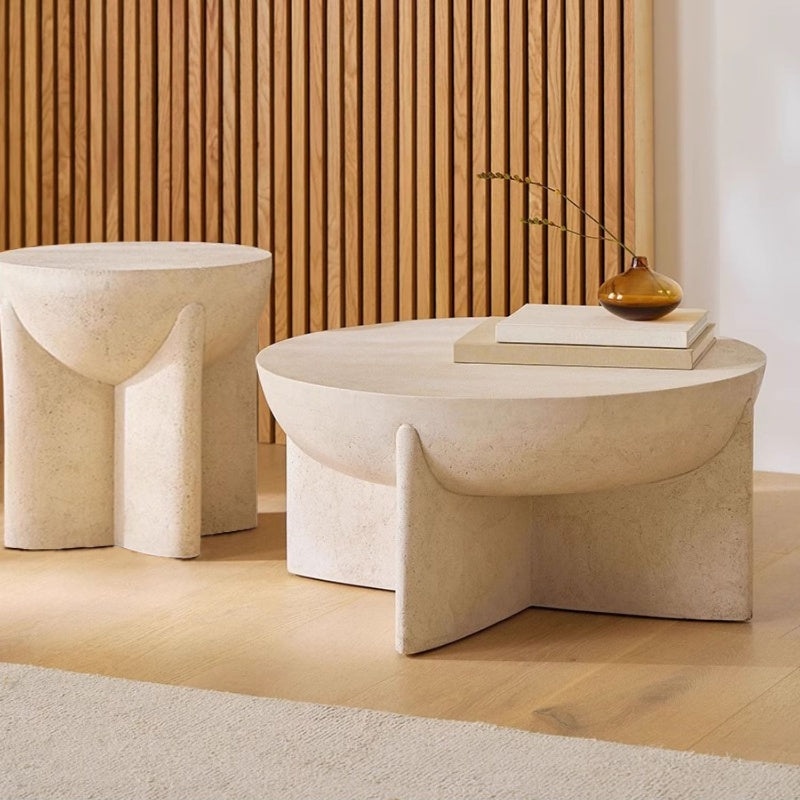 Cream Travertine Stone Side Table (D50 X H50 cm) – Modern Natural Stone Accent Table by Homeware Life