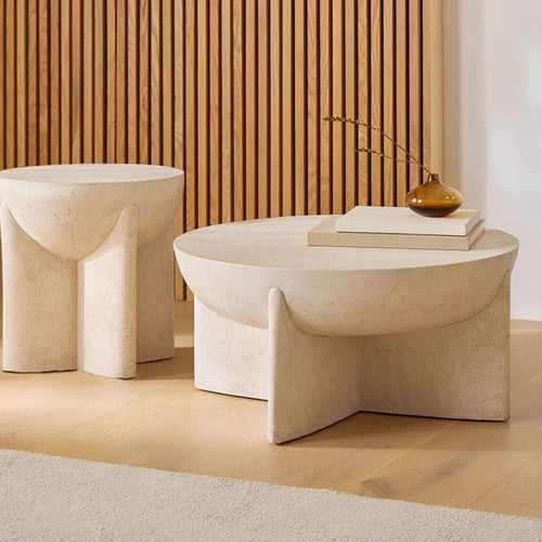 Cream Travertine Stone Side Table (D50 X H50 cm) – Modern Natural Stone Accent Table by Homeware Life