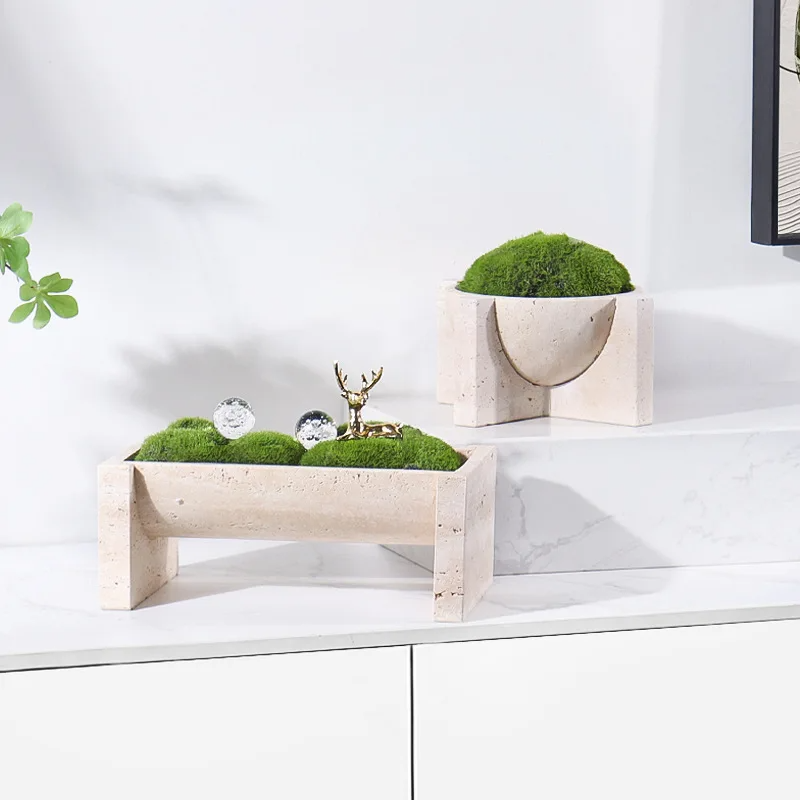 Homeware Life 2-Piece Beige Travertine Planter Set — Modern Geometric Wabi-Sabi Decorative Stone Pots (19×19×10 cm & 26×15×10 cm)