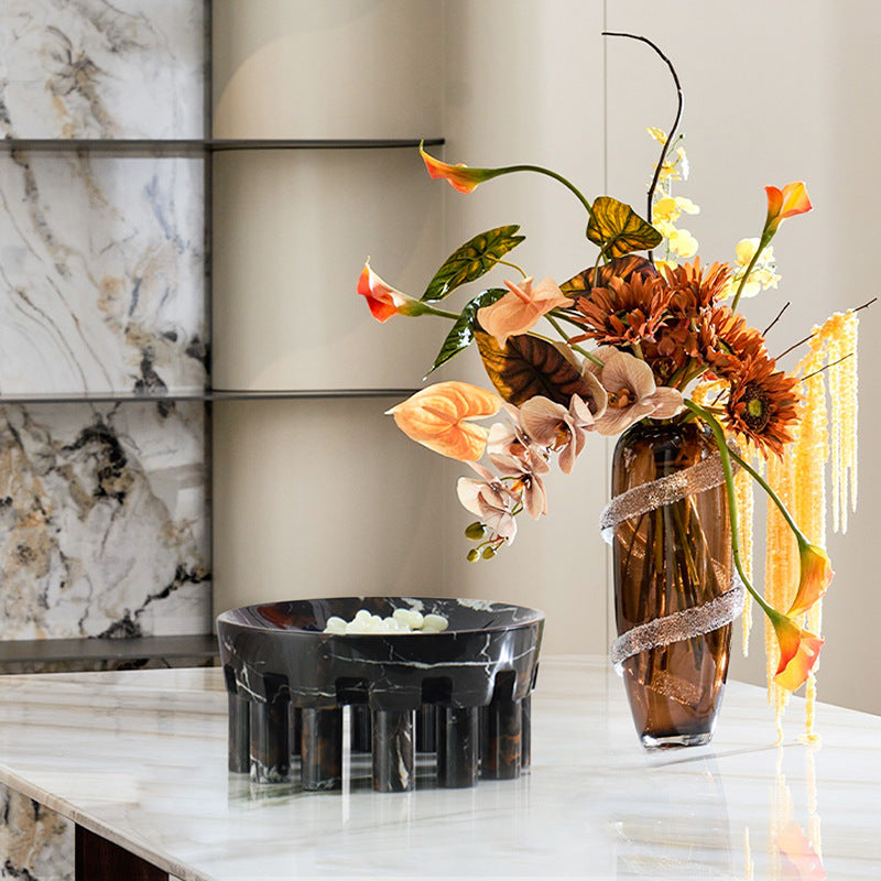 Homeware Life D30x14cm Luxury Portoro Natural Marble Fruit Bowl with Multiple Legs – Modern White Onyx Decorative Stone Plate