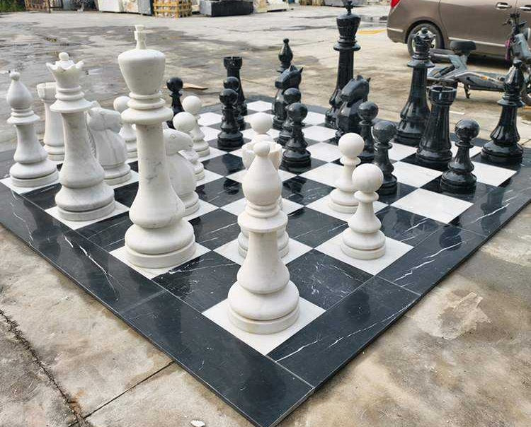 Large Luxury Hand-Carved Marble Chess Set Sculpture by Homeware Life – Outdoor European Style Statement Piece
