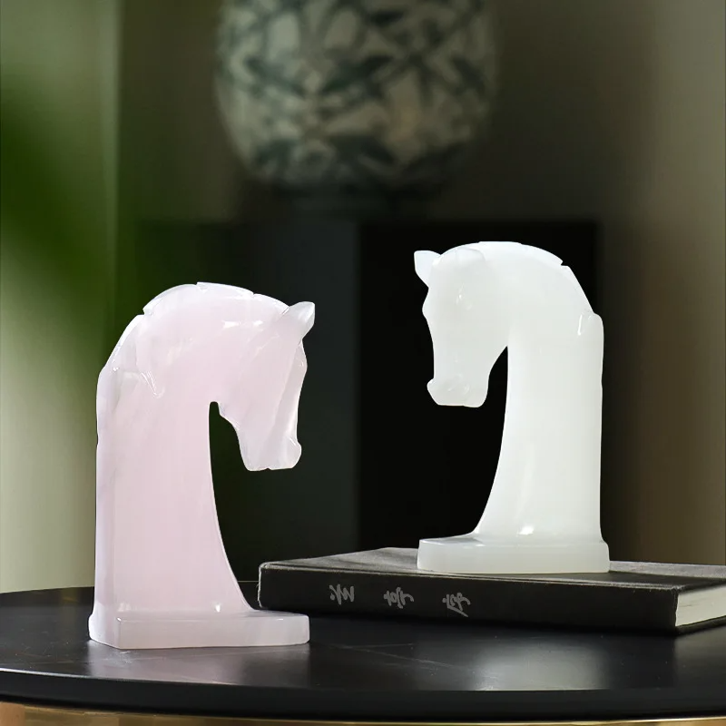 Homeware Life Set of 4 Onyx Horse Head Sculptures – White & Pink Natural Marble Decorative Statues 5×9×16 cm